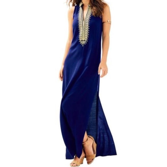 Lilly Pulitzer Dresses & Skirts - Lilly Pulitzer Jane Navy Blue & Gold Embroidered Maxi Dress